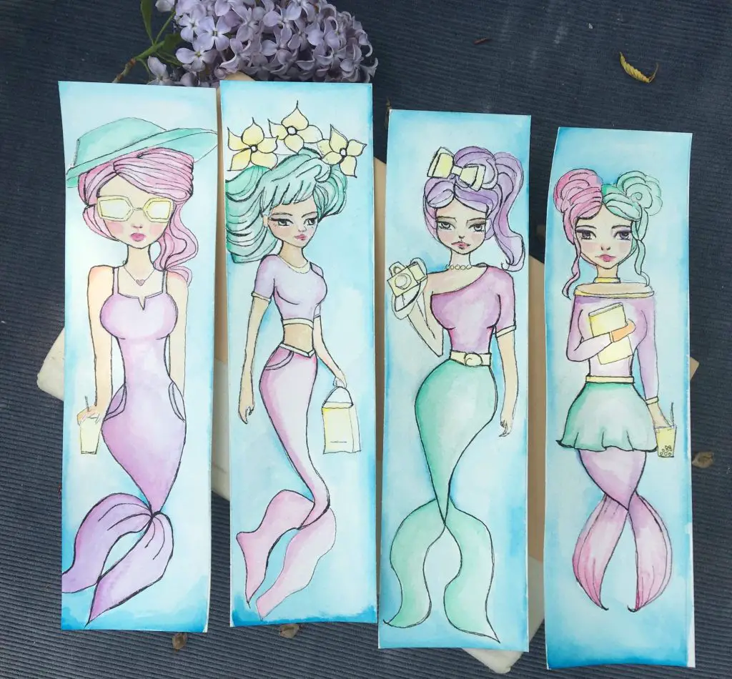 DIY watercolor bookmark mermaids 