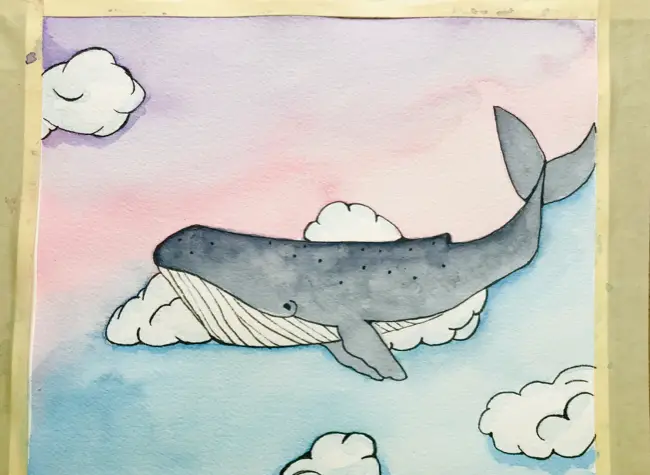 Ink outline watercolor whale