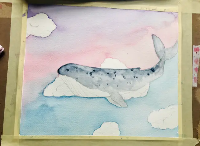 Watercolor whale salt on paint 