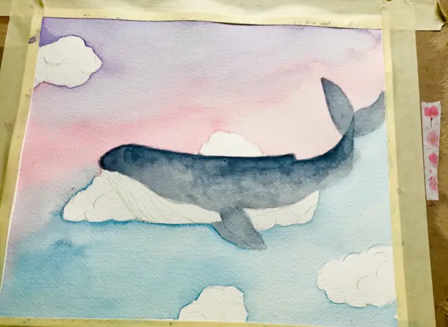 Blue sky whale watercolor 