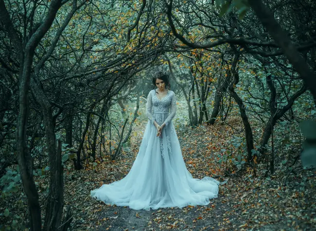 girl in long dress in park 