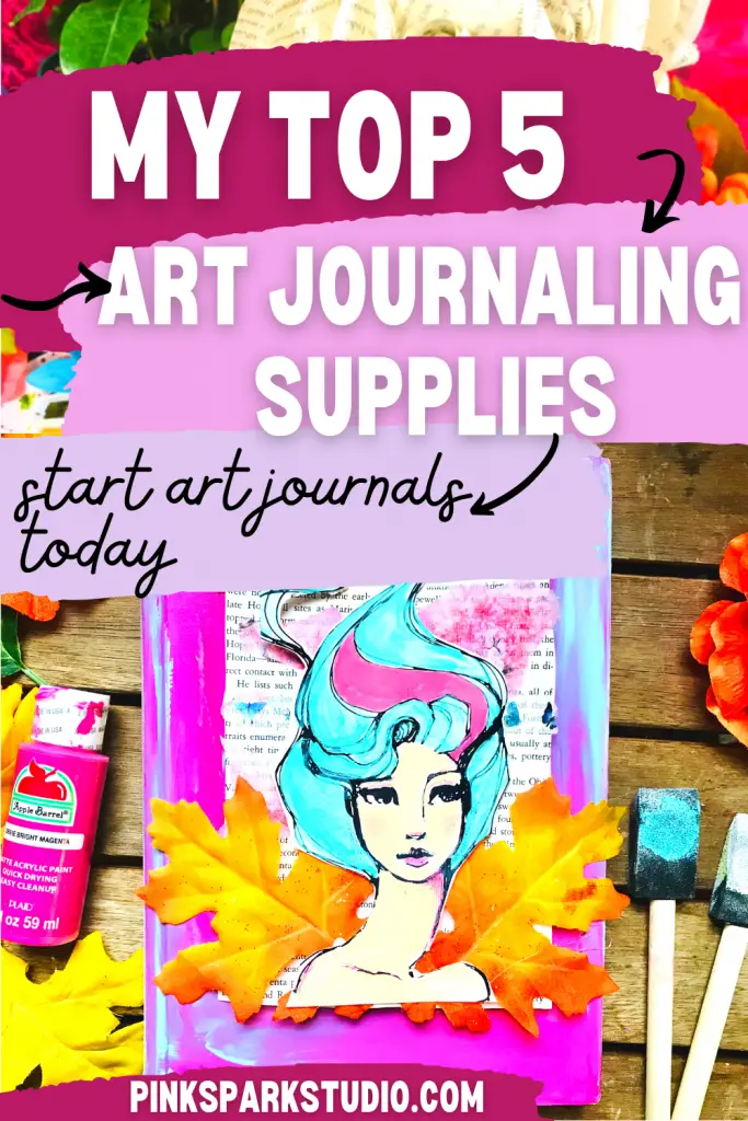 art journal with a girl and paper on top next to pink bottle of paint and a couple of sponges