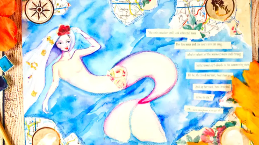 art journal page of a watercolor mermaid surrounded by collage paper. 