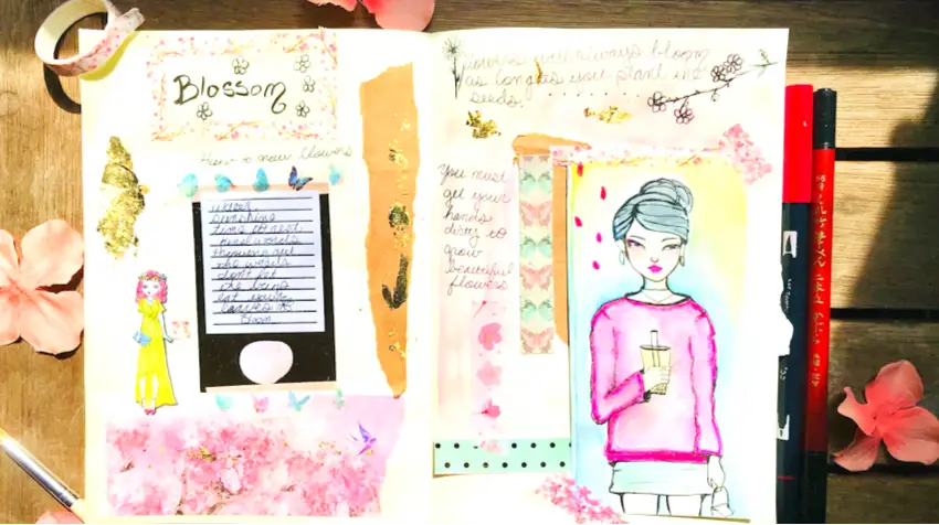art journal spread of girl with collage paper