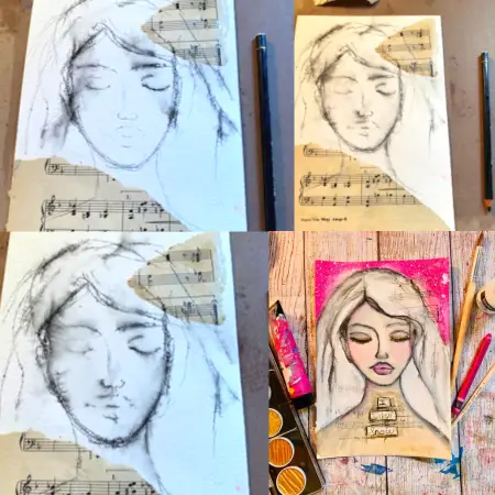 four pictures of an art journal page made with black Stabilo pencil, pink paint, and music sheet collage paper.